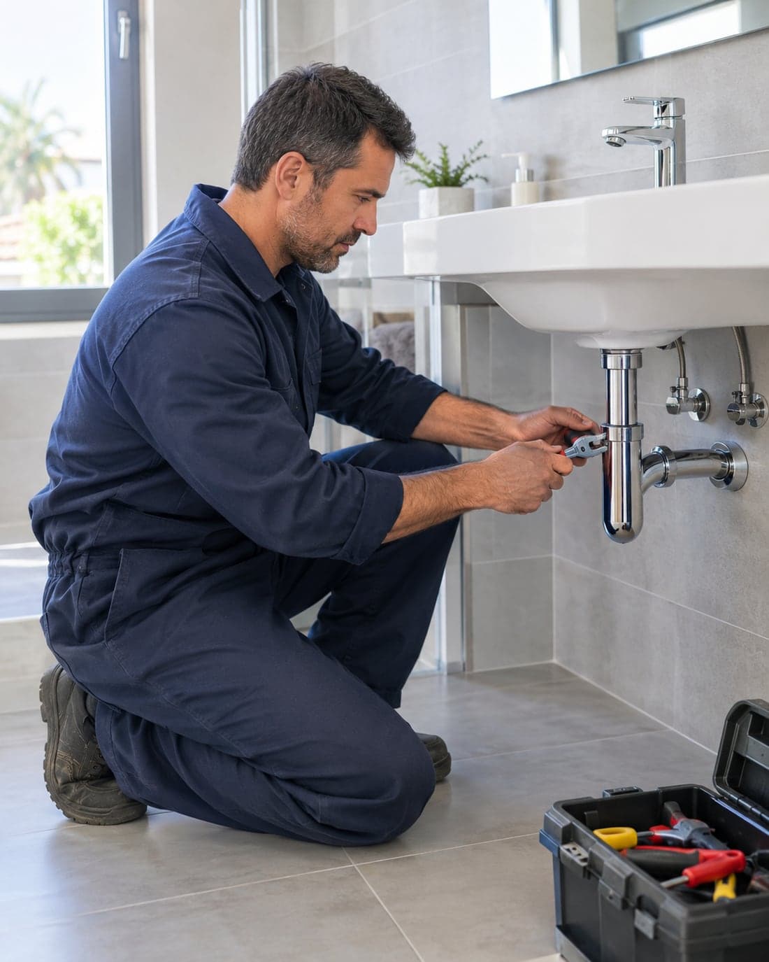 Fontanero con mono de trabajo azul reparando el sifón de un lavabo