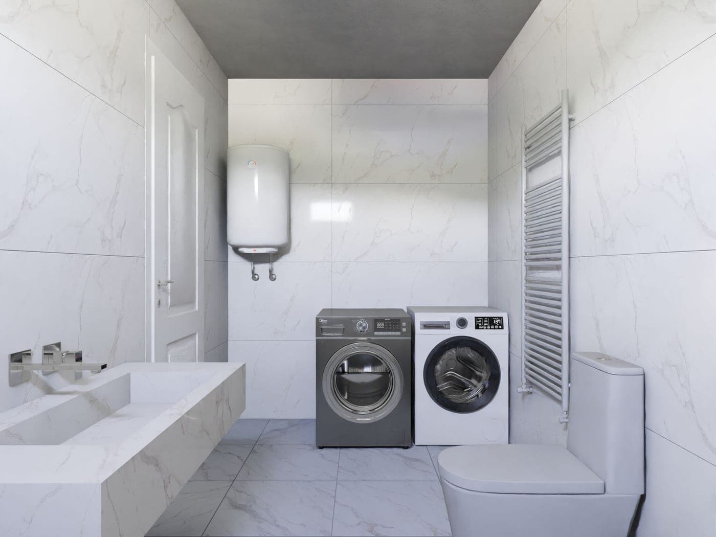 Termo eléctrico blanco instalado en la pared de un baño